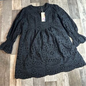 DOKOTOO Women's Size L Long Poet Sleeve Black Eyelet High Waist Peasant Dress